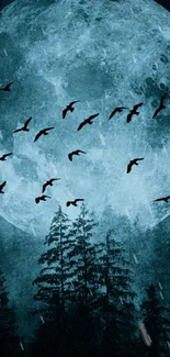 Blue moon illuminating a forest with flying birds.