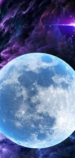 Blue moon in galaxy with cosmic backdrop.