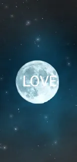 Full moon and 'Love' text on starry blue sky wallpaper