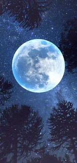 Blue moon shining in a starry night sky over silhouetted trees.