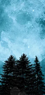 Blue moonlit night with forest silhouette and starry sky.