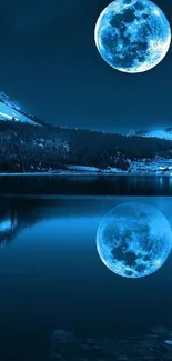 Blue moonlit lake with reflection at night, creating a serene and tranquil scene.