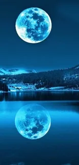 Blue moon reflecting on a tranquil lake under a night sky.