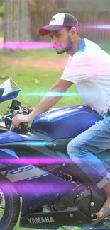 Man riding a blue Yamaha motorcycle outdoors.