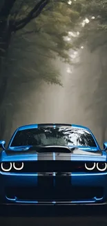 Sleek blue muscle car on a forest road, exuding power and adventure.