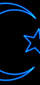 Neon blue crescent and star on black wallpaper.