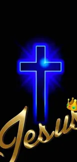 Mobile wallpaper featuring a blue neon cross with gold Jesus text.