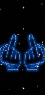 Blue neon middle finger design on black background.