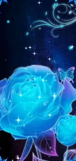 Glowing blue rose with stars and butterfly in cosmic art wallpaper.