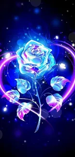 Blue neon rose with glowing effects on a dark background.