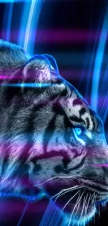 Blue neon tiger art on a black background wallpaper.