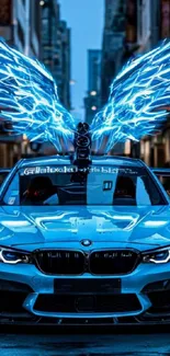 Futuristic blue car with neon wings in urban street.