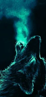 Blue neon wolf howling in fantasy art.