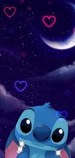 Cute cartoon character in moonlit night sky with stars.