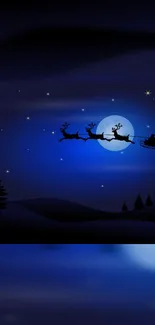 Santa's sleigh flying under a blue night sky with stars.