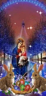 Holy scene with blue lights and Easter symbols on mobile wallpaper.