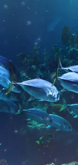 A school of fish swims gracefully in a deep blue ocean setting.