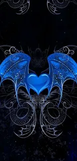 Blue ornate dragon wings design on a dark background.