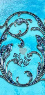 Blue ornate floral wallpaper with silver detail on ocean-like background.