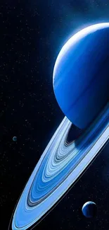 A stunning blue planet with rings in space.