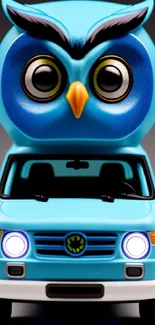 Cute blue owl toy car, whimsical wallpaper art.