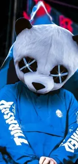 Blue panda mask with neon eyes and electric background.