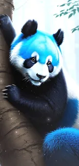 Blue panda climbing a tree in a forest wallpaper.