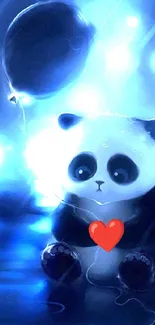 Cute panda holding a heart with a balloon against a glowing blue background.