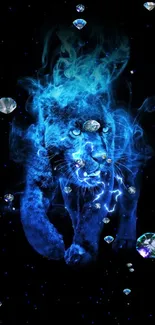 Majestic panther engulfed in vibrant blue flames against dark background.