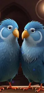 Two blue parrots on a wooden perch under warm lights.