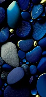 Abstract wallpaper with blue pebbles and golden accents.