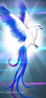 A digital illustration of a blue phoenix in flight with a radiant background.