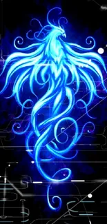 Glowing blue phoenix art wallpaper on black background.