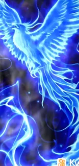 Vibrant blue phoenix with neon glow and energy on a dark background.