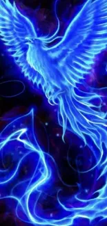 Vivid blue phoenix soaring on a cosmic dark background.