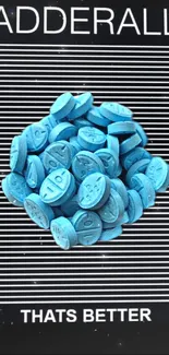 Blue pills on a striped wallpaper background.