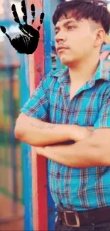 Young man in blue plaid shirt with arm tattoo stands against vibrant background.