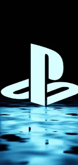 Blue PlayStation logo reflecting in water on dark background.