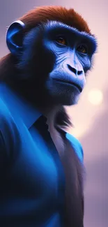 Blue primate with glowing eyes in misty background.