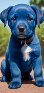 Adorable blue Labrador puppy sitting outdoors in vibrant nature setting.