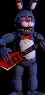 Cartoon blue rabbit playing a red guitar.