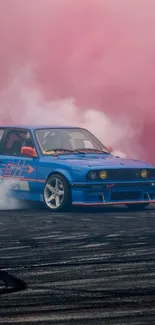 Blue racing car drifting with pink smoke background.