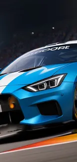 Dynamic blue racing car on a track, capturing speed and excitement.