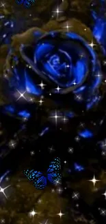 Elegant blue rose with glowing butterflies and stars on a dark background.