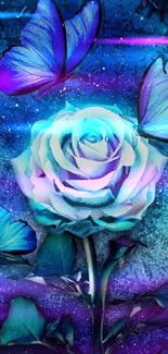 Elegant blue rose with butterflies against a galaxy background.