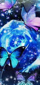 Colorful butterfly and blue rose wallpaper design.