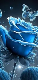 Blue rose with butterflies on dark background wallpaper.