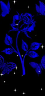 Blue rose and butterflies on black background wallpaper.