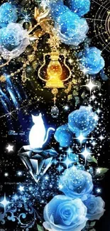 Fantasy wallpaper with blue roses and glowing cat under the stars.