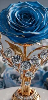 Luxurious blue rose with crystals and gold accents mobile wallpaper.